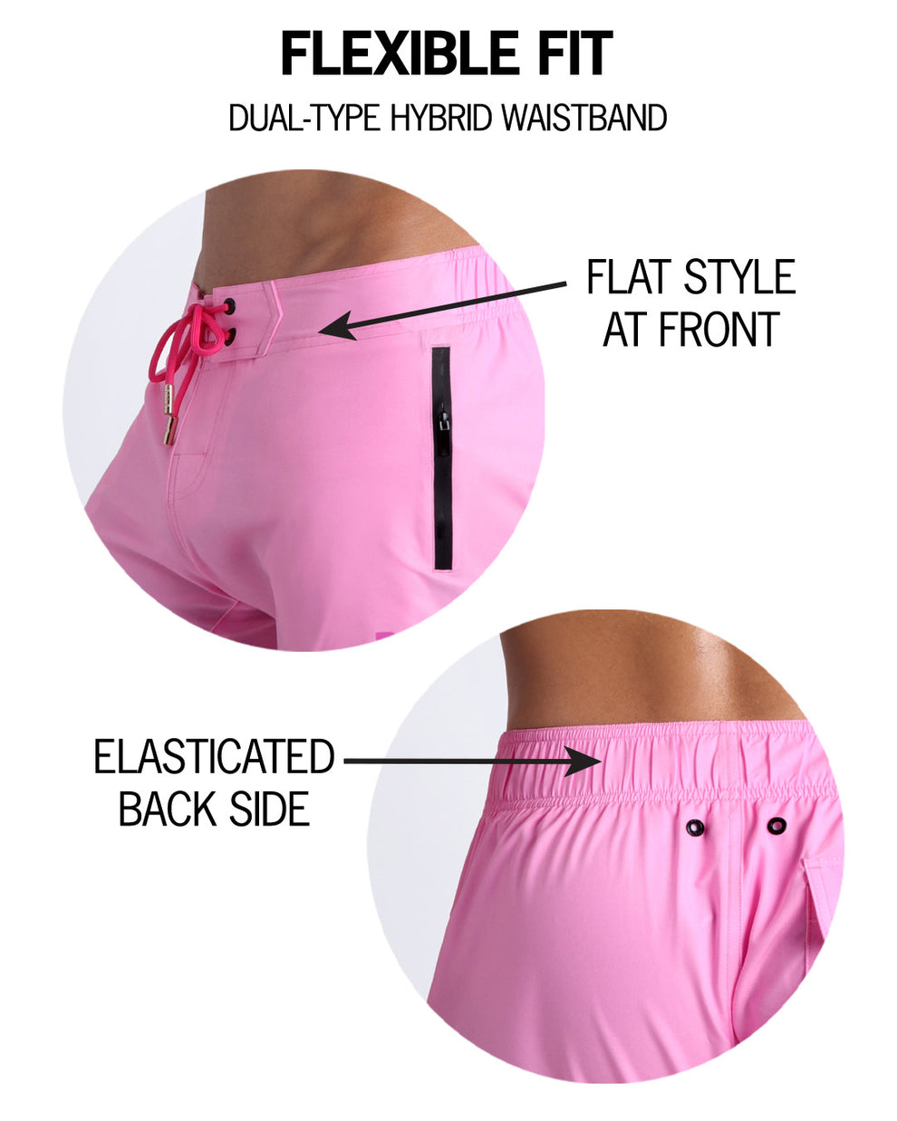 Infographic showing the flexibility of the shorts with a flat style at front and elastic back side. 