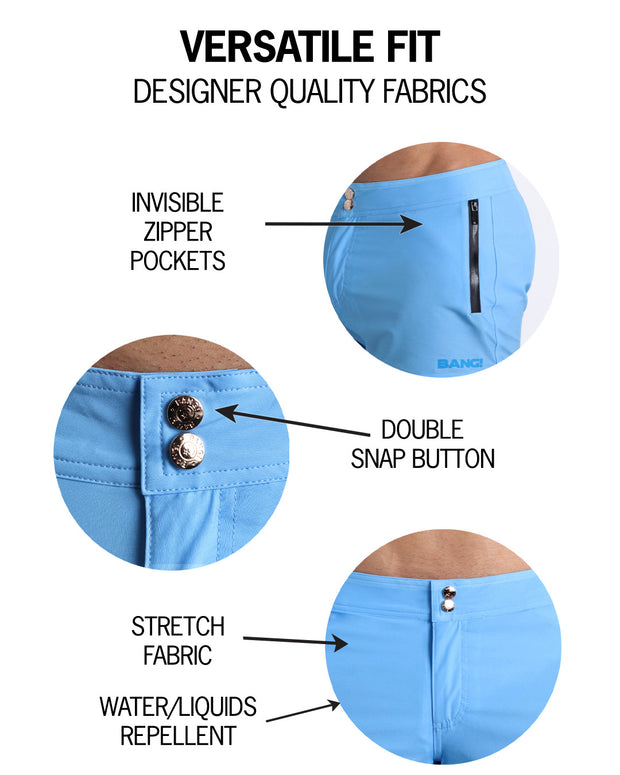 BANG! Clothes Show Shorts infographic showing the versatility of the SHOW SHORTS. Featuring an invisible zipper pockets, double snap button, stretch fabric and water/liquid repellent characteristics.
