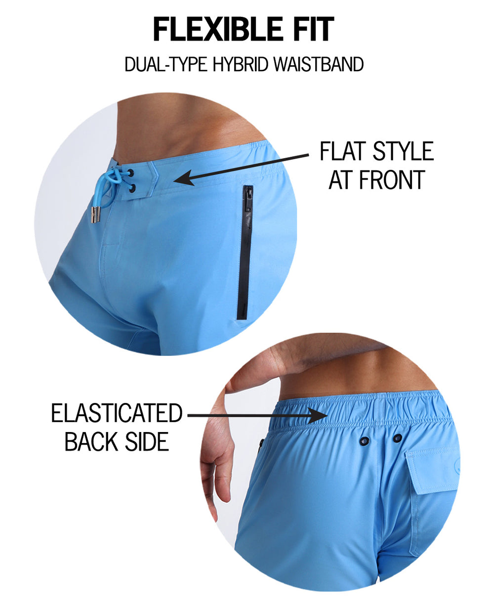 Infographic showing the flexibility of the shorts with a flat style at front and elastic back side. 
