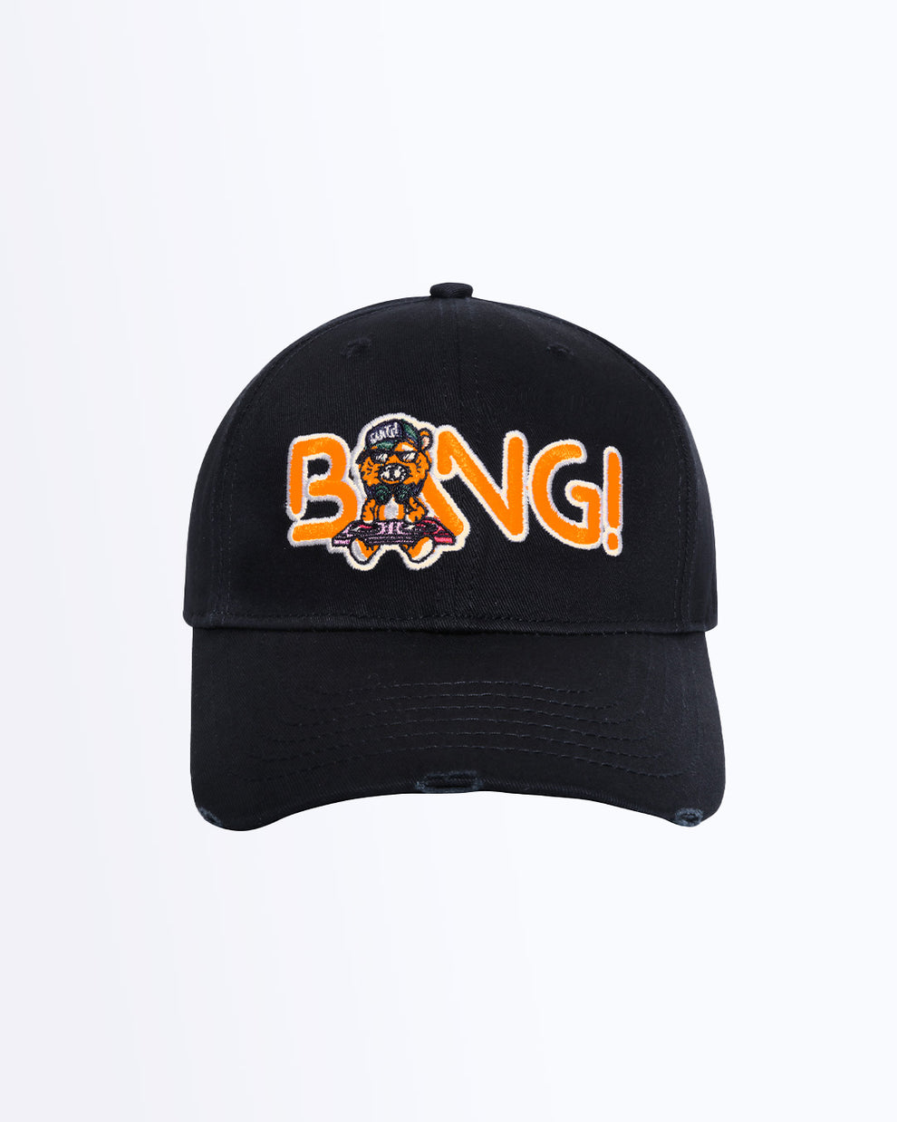 Frontal view of the MISTER TJ IN THE CLUB Baseball cap in black with flat embroidered dj tiger graphic and orange BANG! logo. Distressed-effect details for a relaxed/worn in fit by BANG! Clothing based in Miami.
