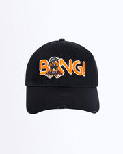 Frontal view of the MISTER TJ IN THE CLUB Baseball cap in black with flat embroidered dj tiger graphic and orange BANG! logo. Distressed-effect details for a relaxed/worn in fit by BANG! Clothing based in Miami.