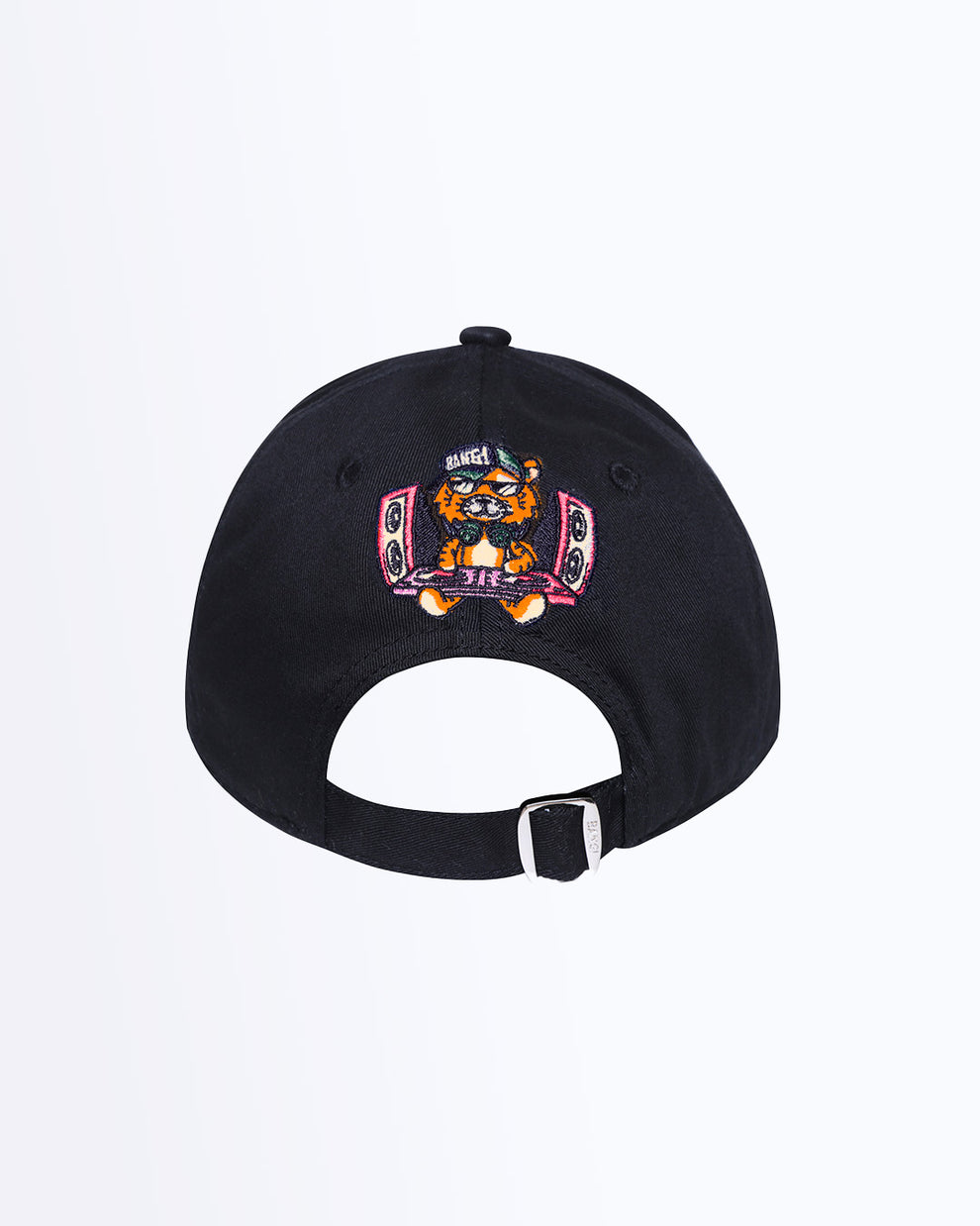 Back view of Bang! Clothing’s MISTER TJ IN THE CLUB iconic dad hat with dj tiger embroidered. Features a one size fits all with a silver adjustable back strap.