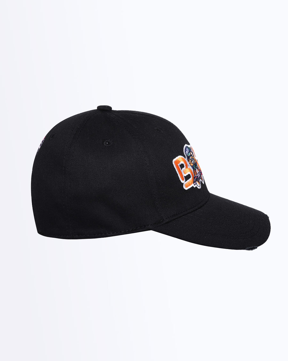 Side View Bang! Clothing MISTER TJ IN THE CLUB streetwear fitted hat in a black color is structured to battle the heat with ventilation eyelets for extra breathability designed by Bang! The official brand of menswear.