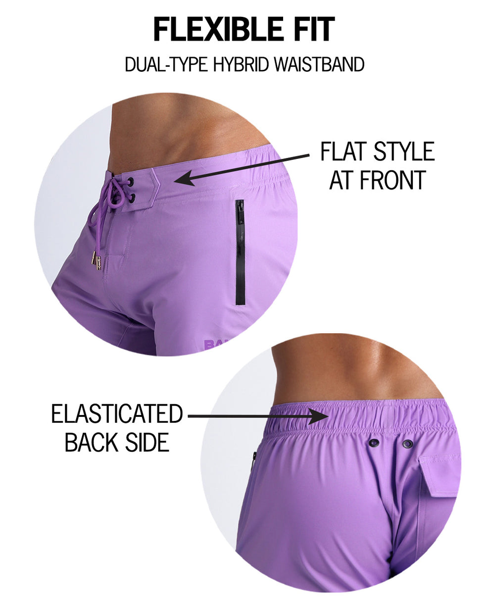 Infographic showing the flexibility of the shorts with a flat style at front and elastic back side. 