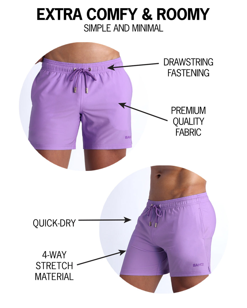 Infographic explaining drawstring fastening, quality fabric, quick-dry, 4-way stretch material features of the resort shorts. 