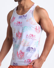 Side view of model wearing the OH L'AMOUR casual tank top for men by Bang! Miami, with white background and love scenes in pastel colors.