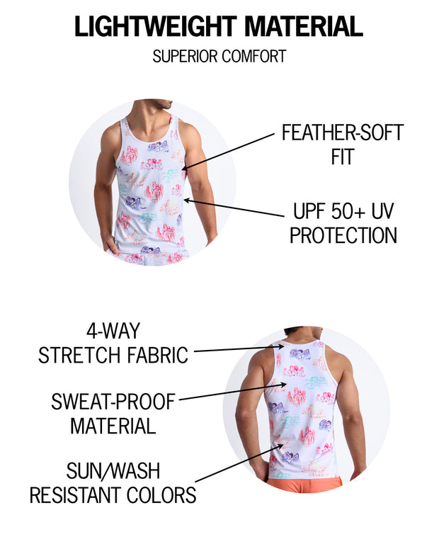 Infographic explaining feather soft fit, sweat proof, lightweight material of the BANG! clothes fitness tank top.