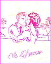 Oh L'Amour drawing in hot pink and purple color of a gay couple in love by the pool in Miami kissing for BANG! clothes as part of the Oh L'Amour series graphic.