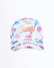 Frontal view of the OH L’AMOUR cap in white with colorful scenes of iconic couples kissing and in love with BANG! logo. Distressed-effect details for a relaxed/worn in fit by BANG! Clothing based in Miami.