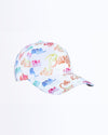 Side View Bang! Clothing OH L’AMOUR streetwear fitted hat white background and love scenes in pastel colors is structured to battle the heat with ventilation eyelets for extra breathability designed by Bang! The official brand of menswear.