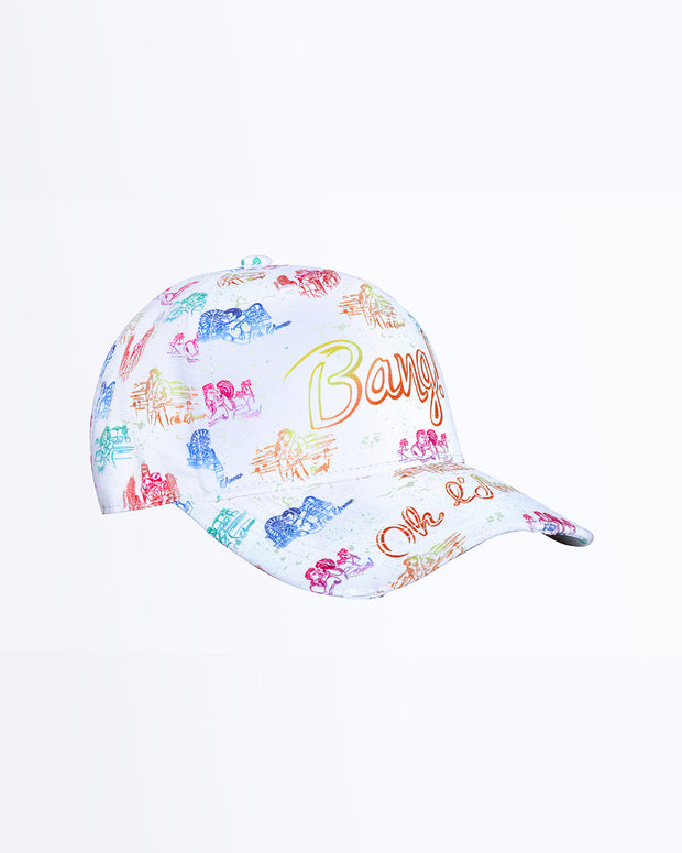 Side View Bang! Clothing OH L’AMOUR streetwear fitted hat white background and love scenes in pastel colors is structured to battle the heat with ventilation eyelets for extra breathability designed by Bang! The official brand of menswear.