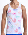 Frontal view of the OH L'AMOUR men’s beach cotton tank top in white with colorful scenes of iconic couples kissing and in love perfect for poolside & beach.