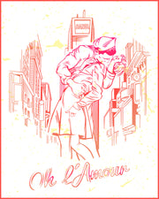 Image of the OH L'AMOUR drawing in a red and orange color showing a sailor and nurse couple kissing in Times Square New York as part of the Oh L'Amour series graphic.