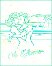 Oh L'Amour drawing in aqua green color of a gay couple in love at the beach kissing for BANG! clothes as part of the Oh L'Amour series graphic.