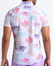 Back view of the OH L'AMOUR men’s Hawaiian shirt by BANG! inspired by 80s techno band erasure and Toile de Jouy scenes.
