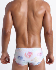 Back view of the OH L'AMOUR men’s beach swim sungas by BANG! inspired by 80s techno band erasure and Toile de Jouy scenes.