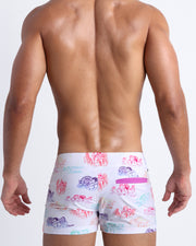 Back view of the OH L'AMOUR men’s beach shorts by BANG! inspired by 80s techno band erasure and Toile de Jouy scenes.