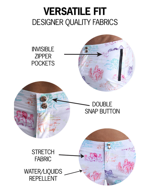 Infographic showing the versatile fit of these beach shorts by Bang! Clothes based in Miami.