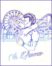 Oh L'Amour drawing in navy blue color of couple in love at the amusement park kissing for BANG! clothes as part of the Oh L'Amour series graphic.