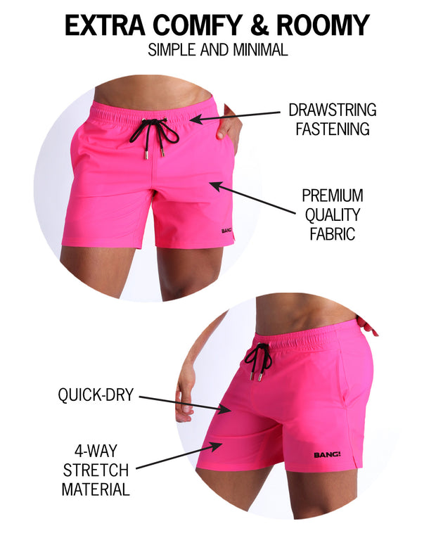 Infographic explaining drawstring fastening, quality fabric, quick-dry, 4-way stretch material features of the resort shorts. 