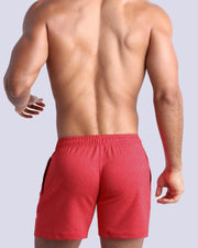 Back view of the READY RED men's fitness sweatshorts in a cool red color by BANG! menswear Miami.