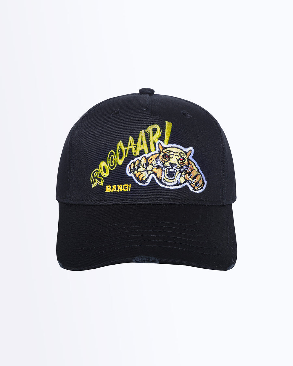 Frontal view of the ROOOAAR Baseball cap in black with flat embroidered tiger graphic. Distressed-effect details for a relaxed/worn in fit by BANG! Clothing based in Miami.