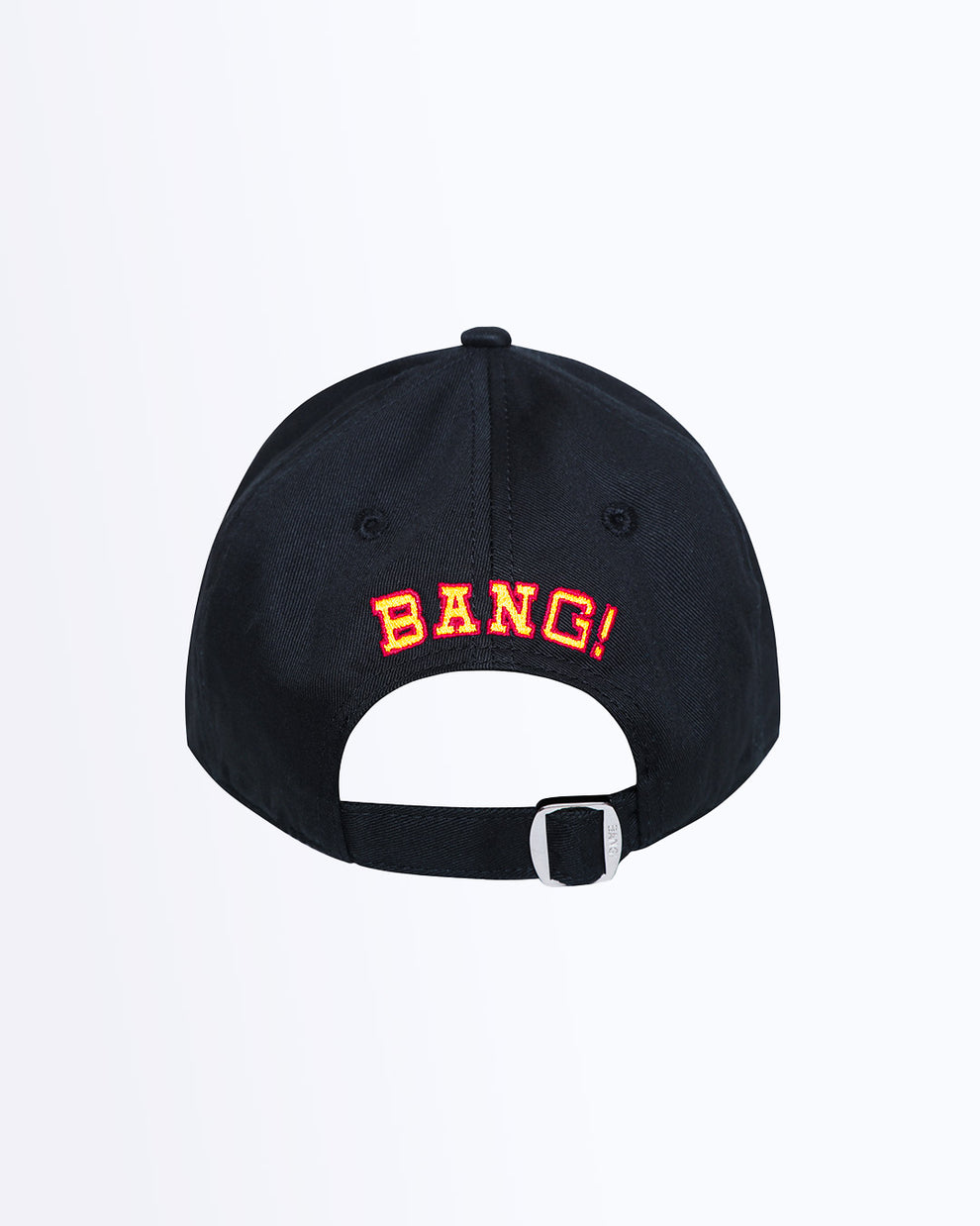 Back view of Bang! Clothing’s ROOOAAR iconic dad hat with brand label embroidered in yellow and red. Features a one size fits all with a silver adjustable back strap.