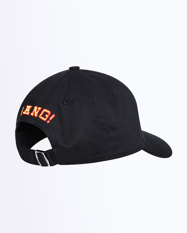 Back view of Bang! Clothing’s ROOOAAR iconic dad hat with brand label embroidered in yellow and red. Features a one size fits all with a silver adjustable back strap.