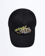 Frontal view of the ROOOAAR Baseball cap in black with flat embroidered tiger graphic. Distressed-effect details for a relaxed/worn in fit by BANG! Clothing based in Miami.