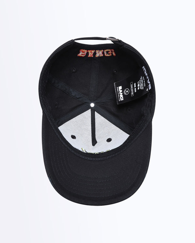 Bottom View Bang! Clothing ROOOAAR streetwear fitted hat in a black color is structured to battle the heat with ventilation eyelets for extra breathability designed by Bang! The official brand of menswear.