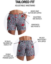 Infographic explaining hidden snap button with zipper, reinforced side pockets, and welded back pocket with zipper premium quality beach shorts for men.