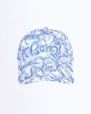 Frontal view of the SPLASH Baseball cap in white with blue water letters spelling BANG! logo. Distressed-effect details for a relaxed/worn in fit by BANG! Clothing based in Miami.