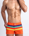 Frontal view of model wearing Stripe A Pose men's swimwear bottom by the Bang! Clothing brand of men's beachwear from Miami.