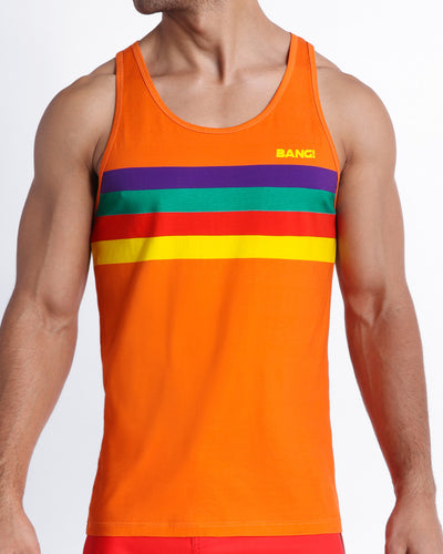 Frontal view of model wearing Stripe'A'Pose REMIX cotton men’s tank top by the Bang! Clothes brand of men's beachwear from Miami.