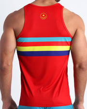 Back side of the Stripe'A'Pose ROUX a tank top for men in red with colored bands in green, red, yellow and blue by Bang! Miami.