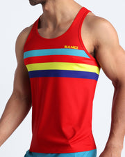Side view of the Stripe'A'Pose ROUX men's casual tank top in hot red colors with stripes in teal, bright red, yellow and violet by Bang! Clothing of Miami.