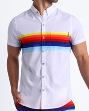 Male model wearing the STRIPES ON 45 men's short-sleeve stretch shirt by the Bang! Clothes official brand of menswear from Miami.