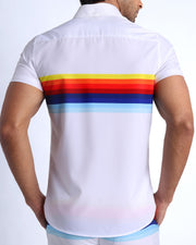 Back side of the STRIPES ON 45 men’s Hawaiian shirt in white with rainbow colored bands by Bang! 80s California Surfer Roller Skating culture