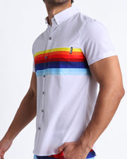 Side view of the STRIPES ON 45 Summer button down for men in solid white and vintage 80s stripes Bang! Clothing of Miami.