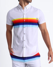 Male model wearing the STRIPES ON 45 men's short-sleeve stretch shirt with matching shorts set by the Bang! Clothes official brand of menswear from Miami.