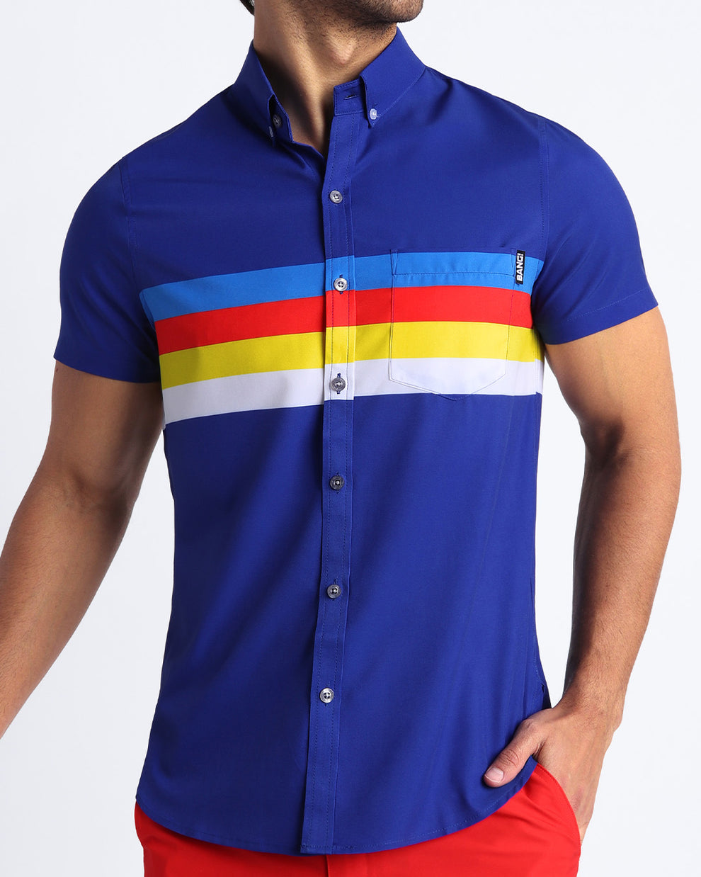 Frontal view of sexy model wearing STRIP'A'POSE men's short-sleeve stretch shirt by the Bang! Clothing brand.