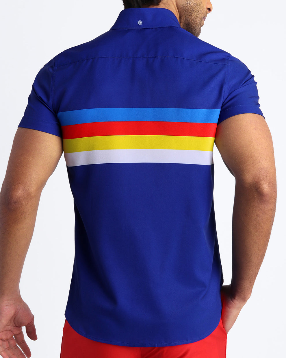 Back view of male model wearing a men's Hawaiian shirt in vibrant royal blue with color stripes in yellow, bold red, aqua, and blue.