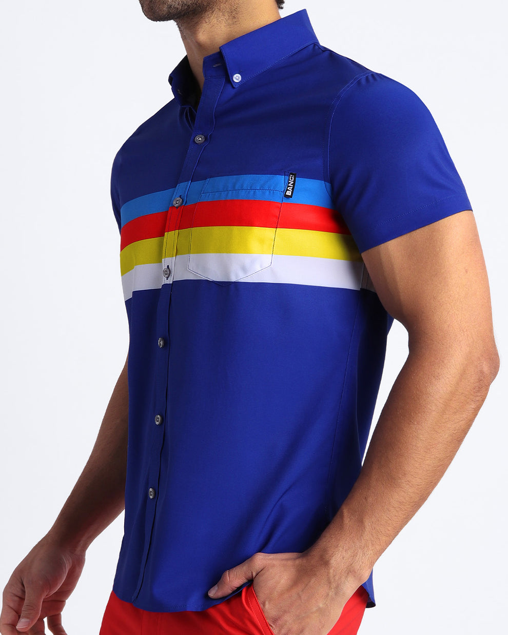 Side view of the STRIP'A'POSE Summer button down for men in blue color with color stripes, made by BANG! Clothes the official brand of menswear from Miami. 