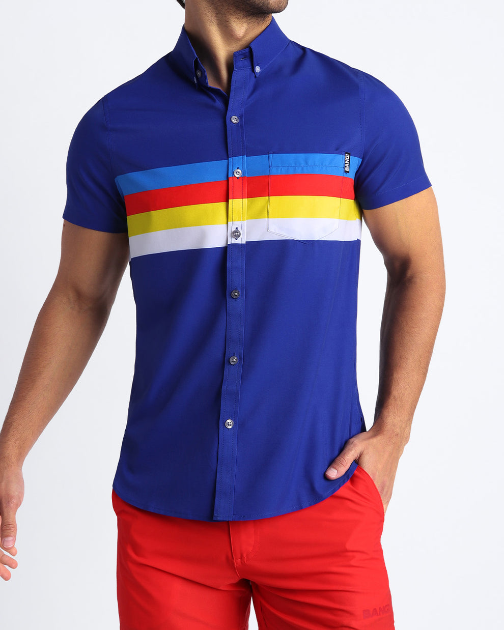 Frontal view of sexy model wearing STRIP'A'POSE men's short-sleeve stretch shirt by the Bang! Clothing brand.