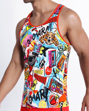 Side view of a sexy male model wearing a soft Summer casual tank top for men in a vibrant fun pop-culture theme made by the Bang! Brand of men's beachwear. 