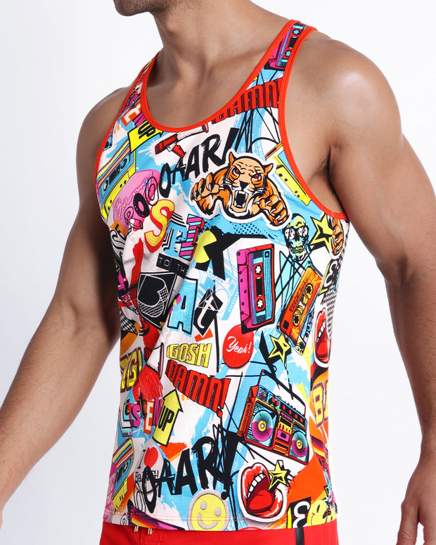 Side view of a sexy male model wearing a soft Summer casual tank top for men in a vibrant fun pop-culture theme made by the Bang! Brand of men&