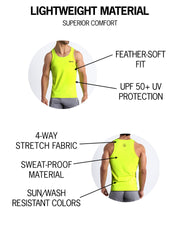 Infographic explaining feather soft fit, sweat proof, lightweight material of the BANG! clothes fitness tank top.