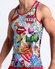 Side view of model wearing YEAH-YEAH casual tank top for men featuring retro 60s pop energetic comics-style graphics in bold colors with a prominent BANG! sign.