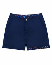 Men tailored fit chino shorts in navy blue by Bang! Menswear brand from Miami. Keeps you feeling comfortable and looking sharp all day and can be worn 2 ways with reversible cuff. Can roll-up cuffs for shorter length and showing internal print. Or hem down for a mid-thigh length and full-solid dark blue color showing.