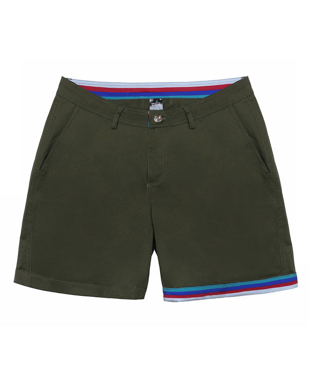 Men tailored fit chino shorts in army green by Bang! Menswear brand from Miami. Keeps you feeling comfortable and looking sharp all day and can be worn 2 ways with reversible cuff. Can roll-up cuffs for shorter length and showing internal print. Or hem down for a mid-thigh length and full-solid dark green color showing.